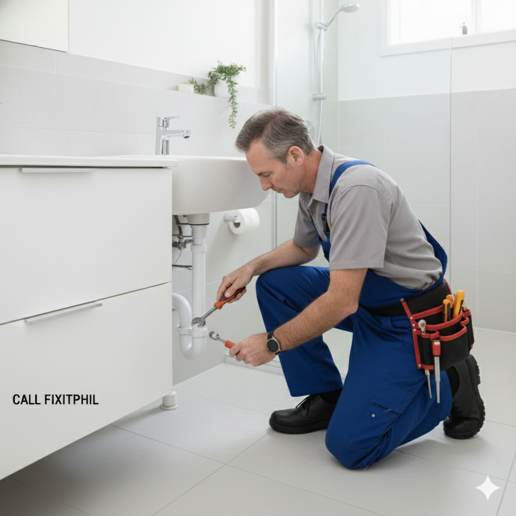Fix It Phil working under a bathroom vanity to repair plumbing